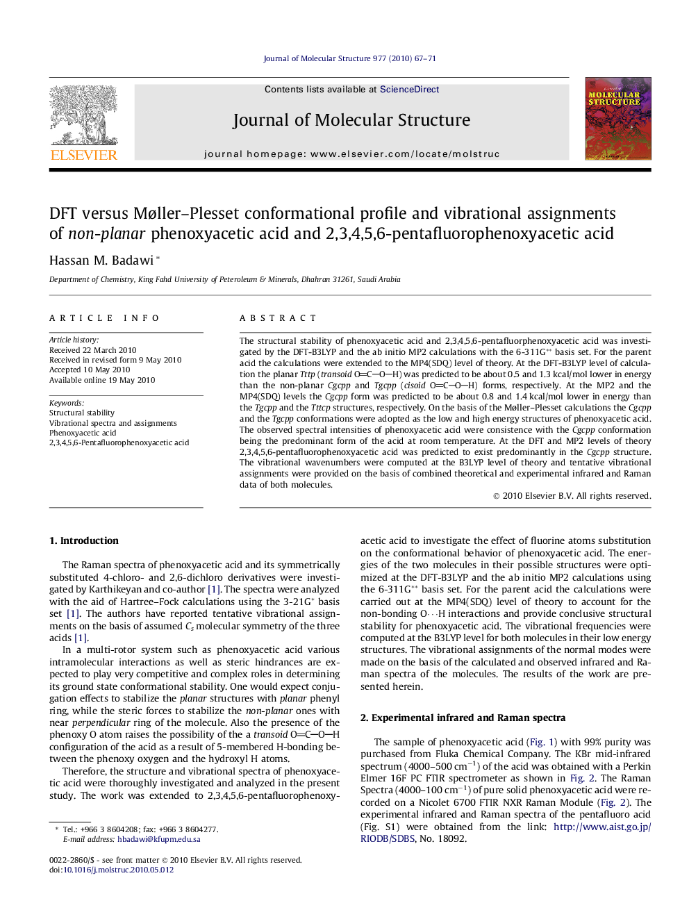 DFT versus MÃ¸ller-Plesset conformational profile and vibrational assignments of non-planar phenoxyacetic acid and 2,3,4,5,6-pentafluorophenoxyacetic acid