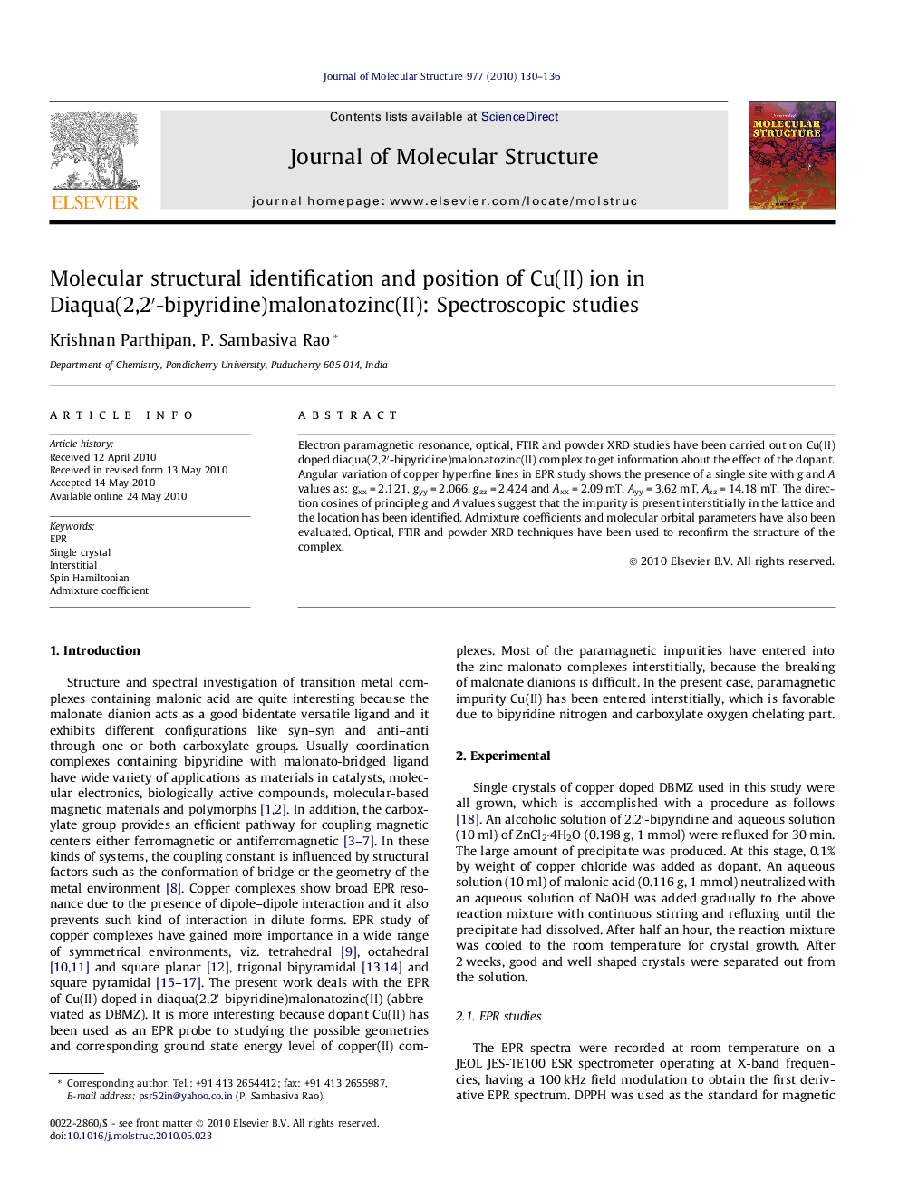Molecular structural identification and position of Cu(II) ion in Diaqua(2,2′-bipyridine)malonatozinc(II): Spectroscopic studies