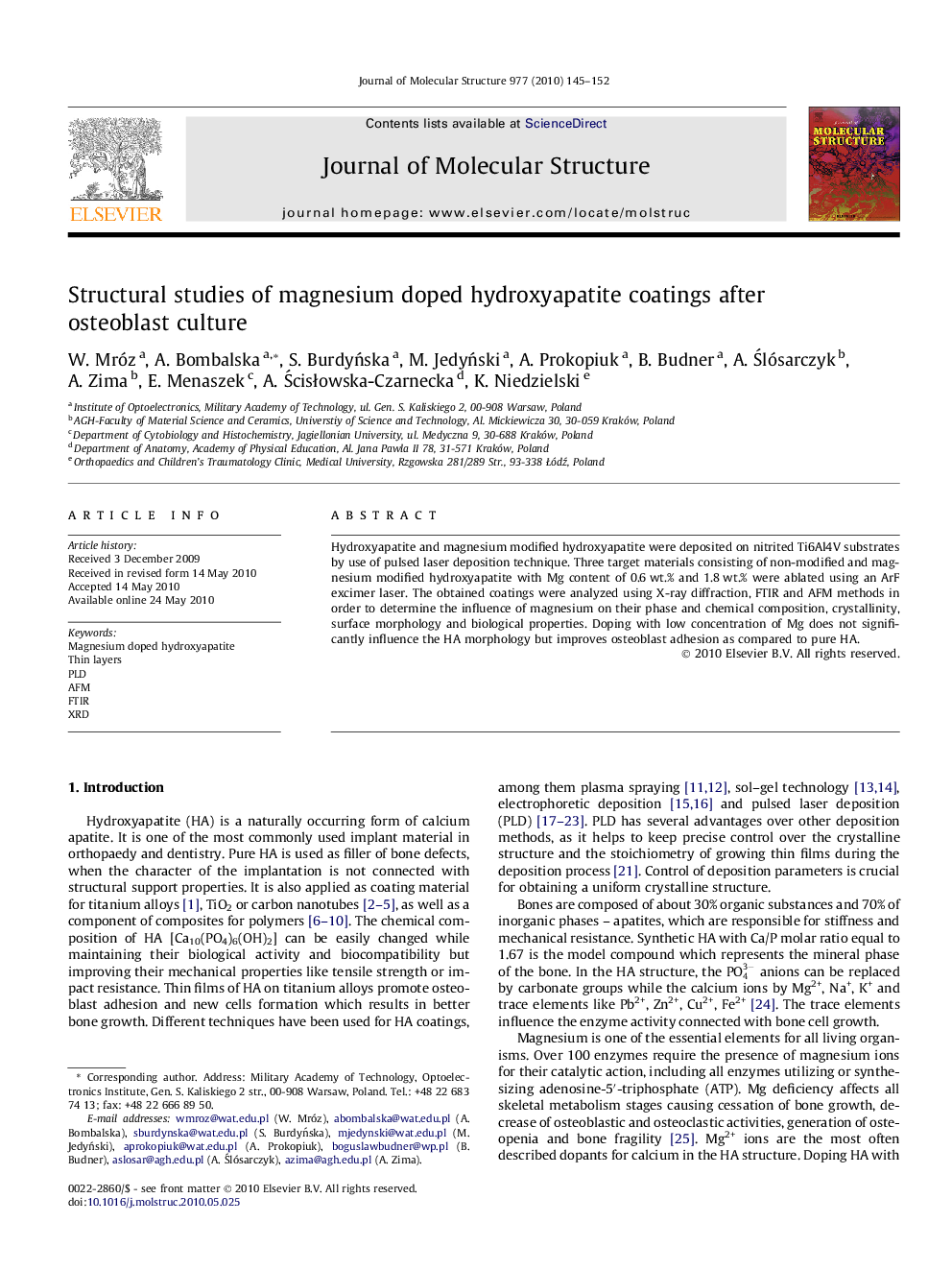 Structural studies of magnesium doped hydroxyapatite coatings after osteoblast culture