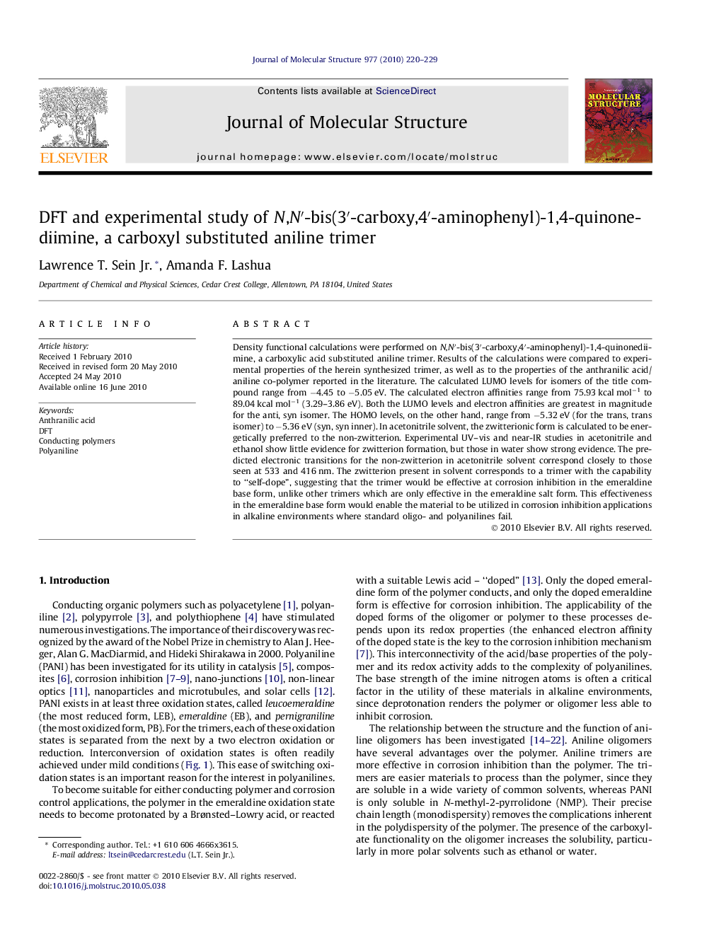 DFT and experimental study of N,Nâ²-bis(3â²-carboxy,4â²-aminophenyl)-1,4-quinonediimine, a carboxyl substituted aniline trimer