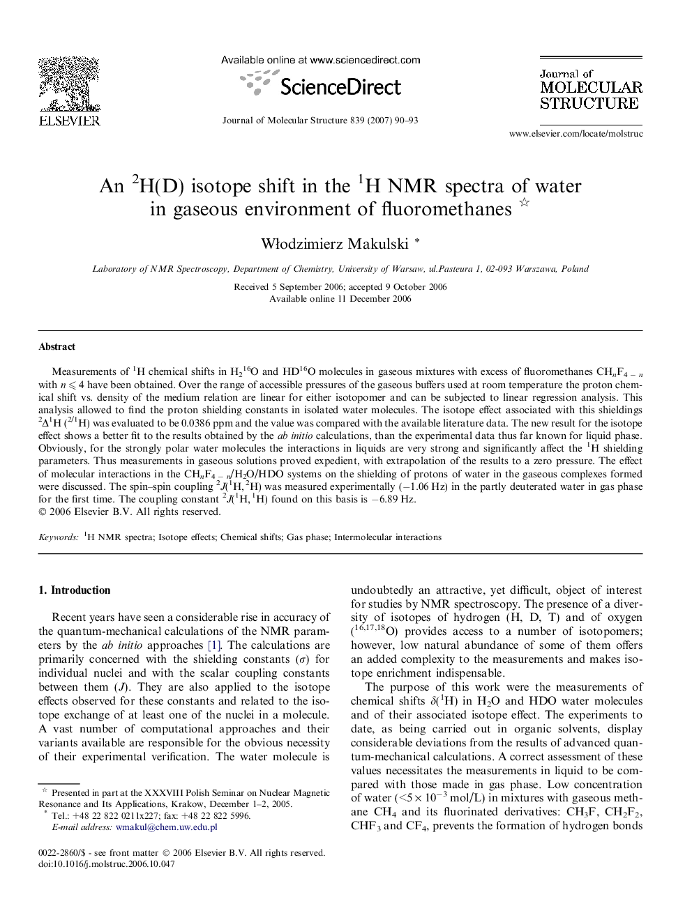 An 2H(D) isotope shift in the 1H NMR spectra of water in gaseous environment of fluoromethanes