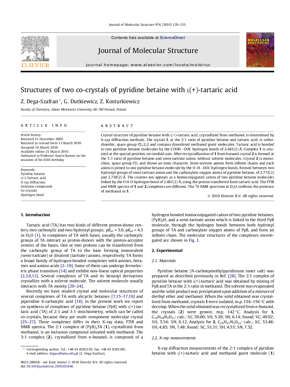 Structures of two co-crystals of pyridine betaine with l(+)-tartaric acid