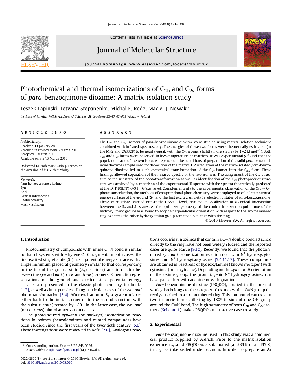 Photochemical and thermal isomerizations of C2h and C2v forms of para-benzoquinone dioxime: A matrix-isolation study