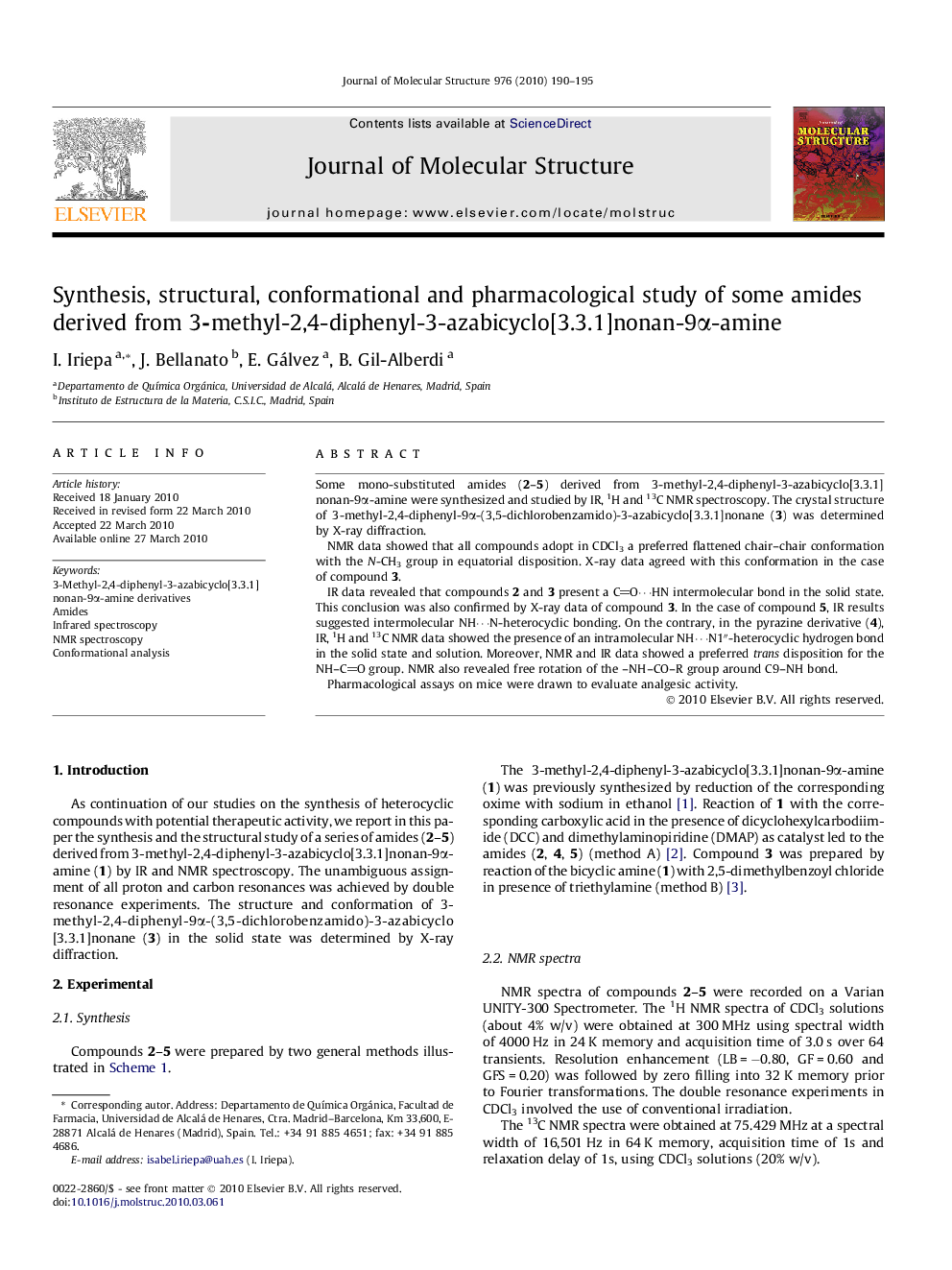 Synthesis, structural, conformational and pharmacological study of some amides derived from 3-methyl-2,4-diphenyl-3-azabicyclo[3.3.1]nonan-9Î±-amine