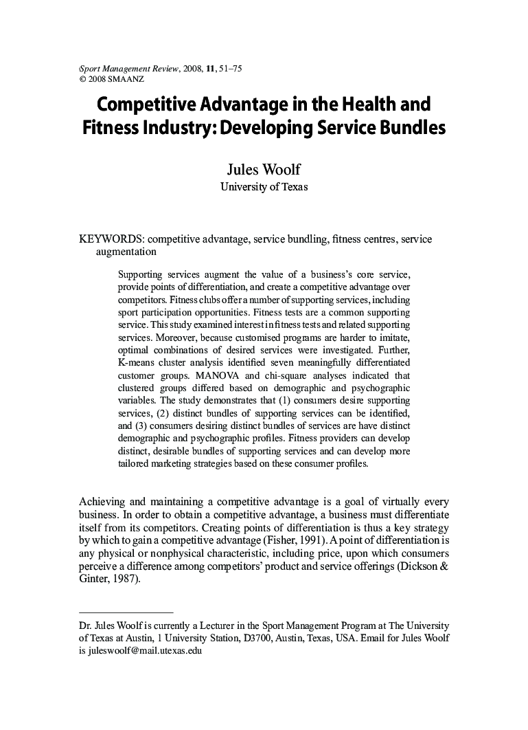 Competitive Advantage in the Health and Fitness Industry: Developing Service Bundles