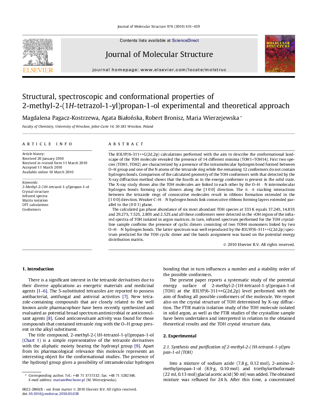 Structural, spectroscopic and conformational properties of 2-methyl-2-(1H-tetrazol-1-yl)propan-1-ol experimental and theoretical approach