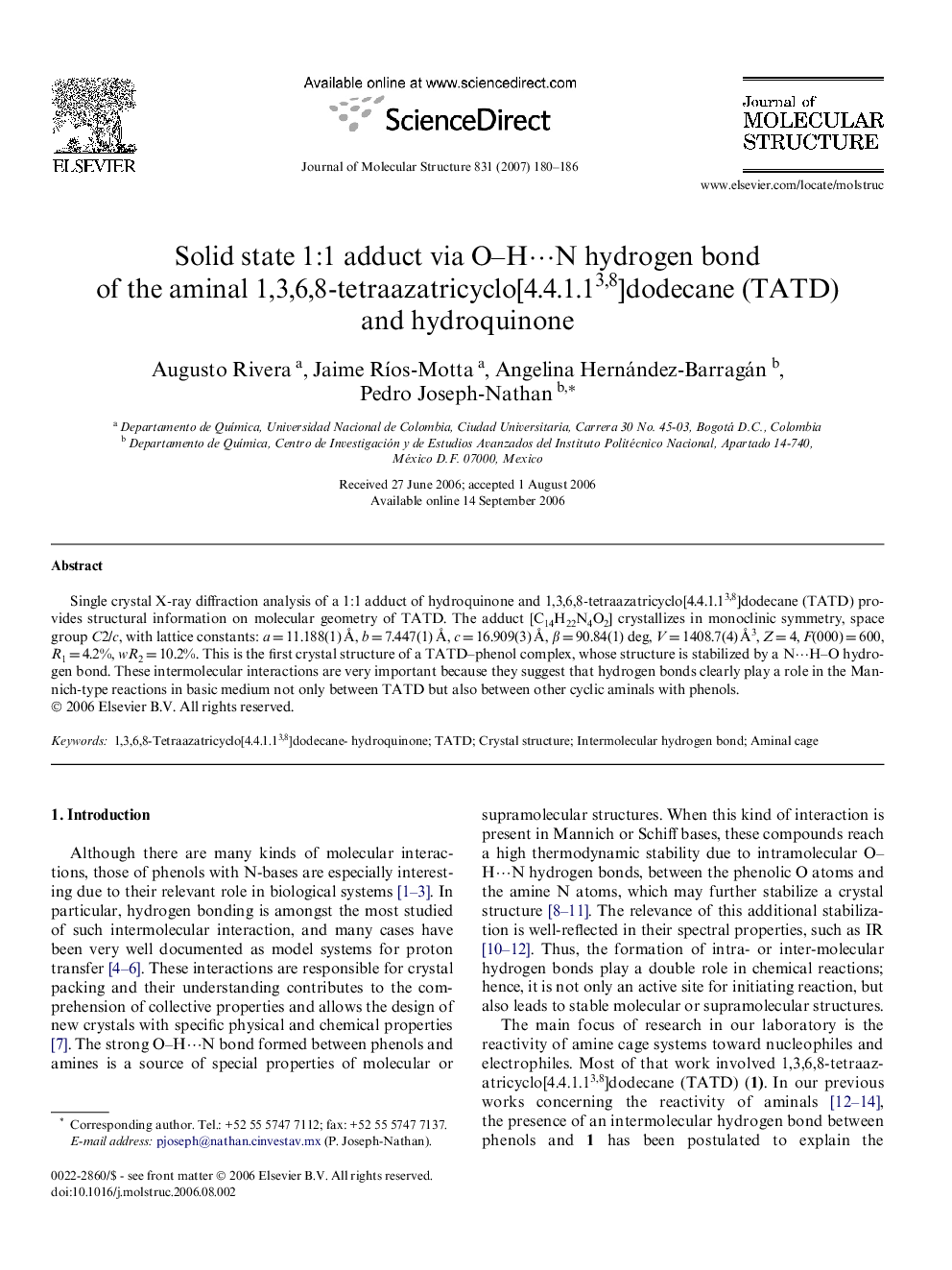 Solid state 1:1 adduct via O–H⋯N hydrogen bond of the aminal 1,3,6,8-tetraazatricyclo[4.4.1.13,8]dodecane (TATD) and hydroquinone