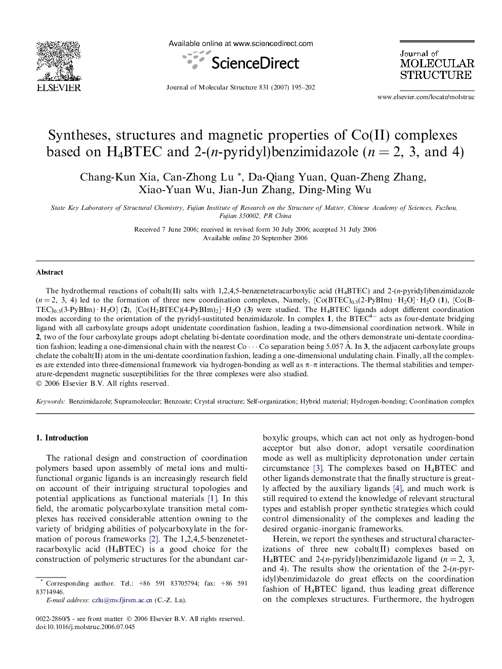 Syntheses, structures and magnetic properties of Co(II) complexes based on H4BTEC and 2-(n-pyridyl)benzimidazole (n = 2, 3, and 4)