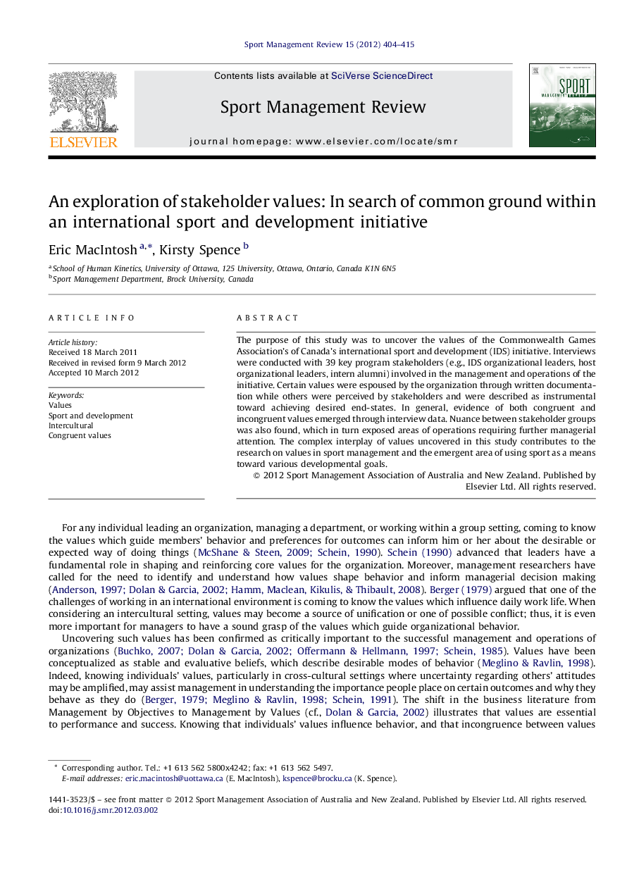 An exploration of stakeholder values: In search of common ground within an international sport and development initiative