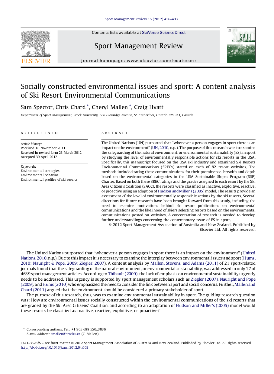 Socially constructed environmental issues and sport: A content analysis of Ski Resort Environmental Communications