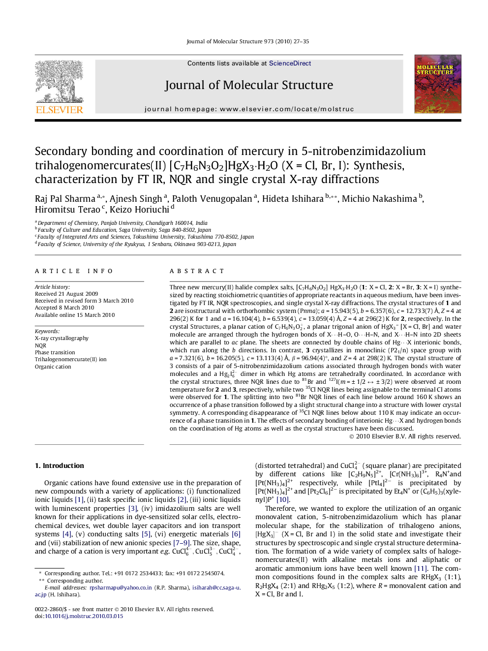 Secondary bonding and coordination of mercury in 5-nitrobenzimidazolium trihalogenomercurates(II) [C7H6N3O2]HgX3·H2O (X = Cl, Br, I): Synthesis, characterization by FT IR, NQR and single crystal X-ray diffractions