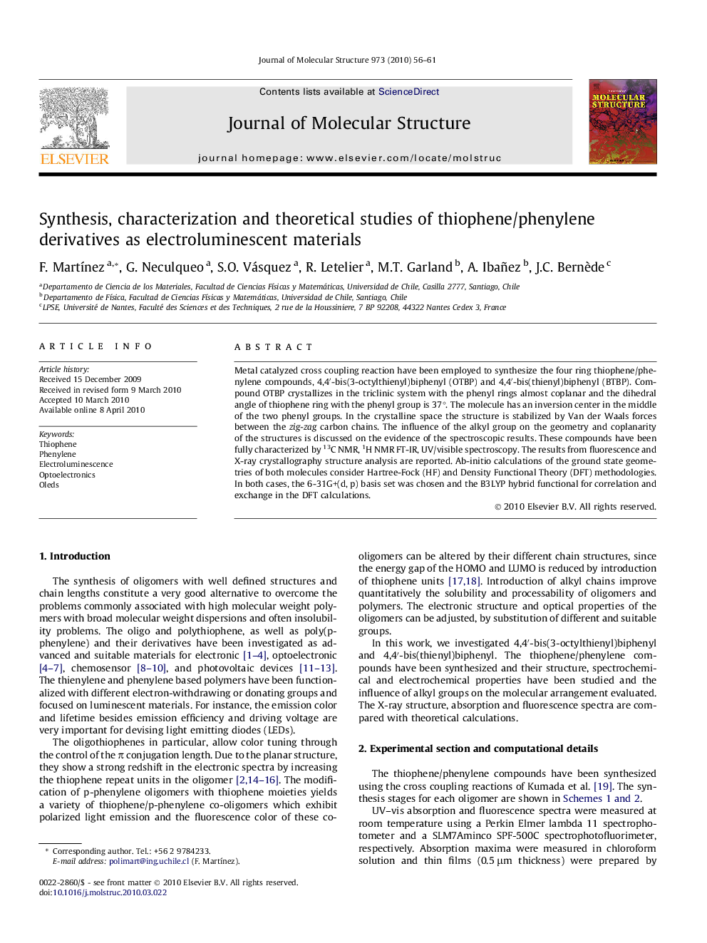 Synthesis, characterization and theoretical studies of thiophene/phenylene derivatives as electroluminescent materials