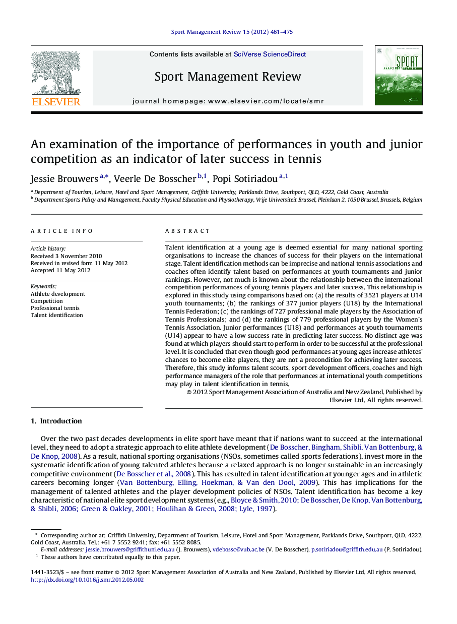 An examination of the importance of performances in youth and junior competition as an indicator of later success in tennis