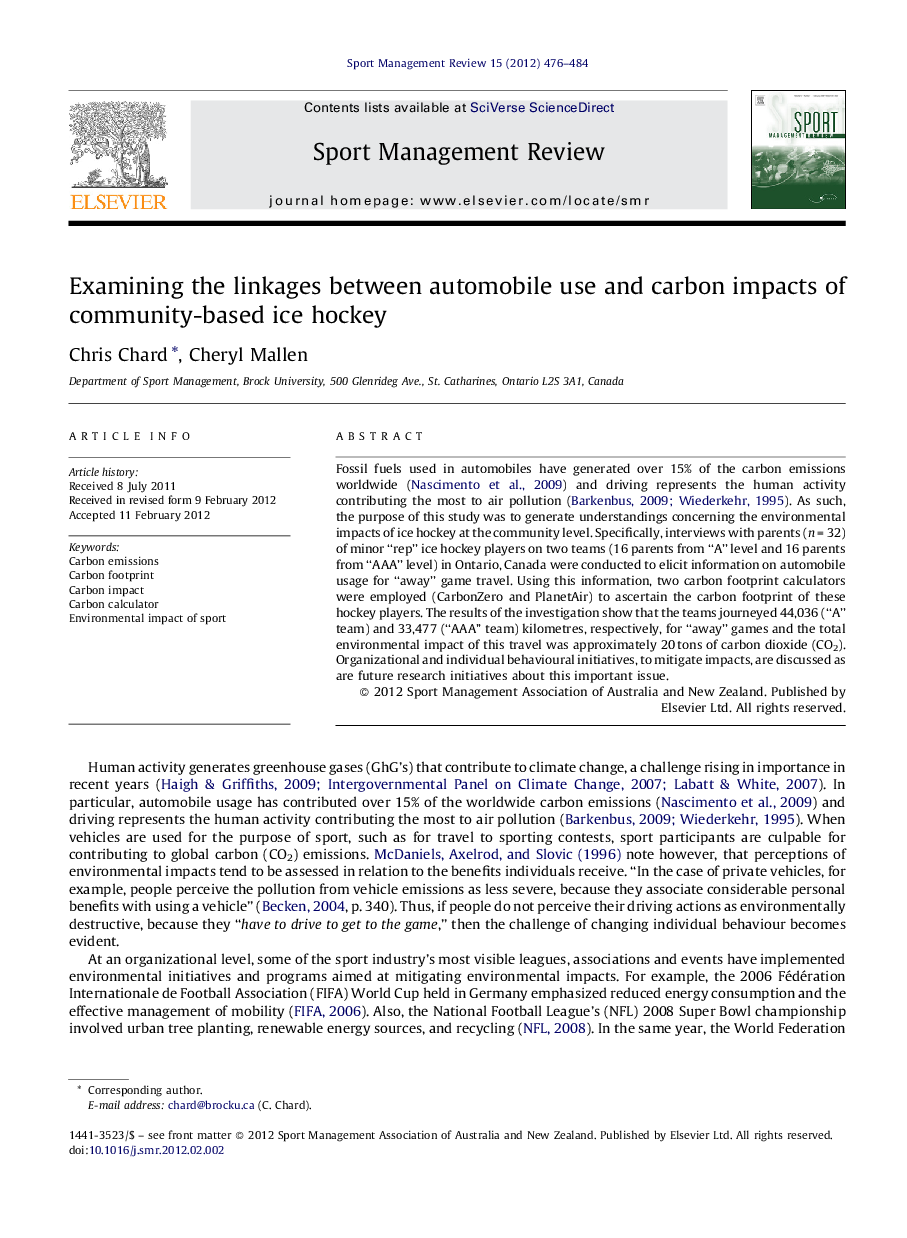 Examining the linkages between automobile use and carbon impacts of community-based ice hockey