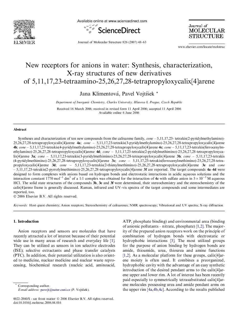 New receptors for anions in water: Synthesis, characterization, X-ray structures of new derivatives of 5,11,17,23-tetraamino-25,26,27,28-tetrapropyloxycalix[4]arene