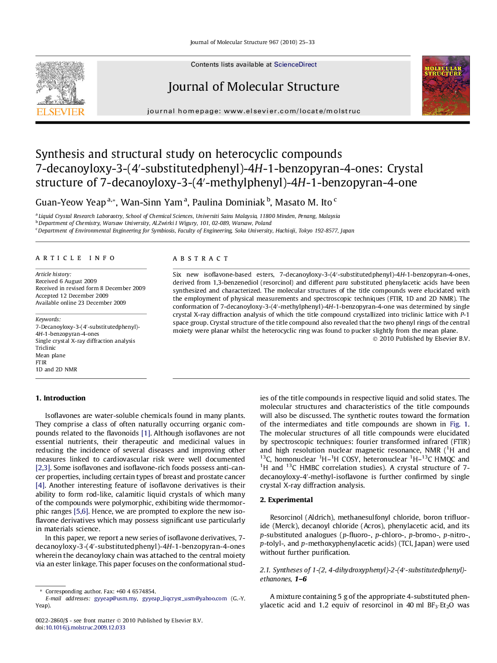 Synthesis and structural study on heterocyclic compounds 7-decanoyloxy-3-(4â²-substitutedphenyl)-4H-1-benzopyran-4-ones: Crystal structure of 7-decanoyloxy-3-(4â²-methylphenyl)-4H-1-benzopyran-4-one