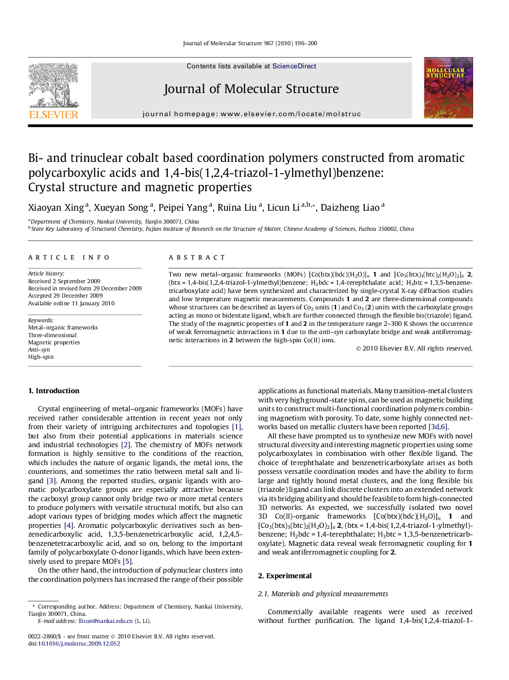 Bi- and trinuclear cobalt based coordination polymers constructed from aromatic polycarboxylic acids and 1,4-bis(1,2,4-triazol-1-ylmethyl)benzene: Crystal structure and magnetic properties