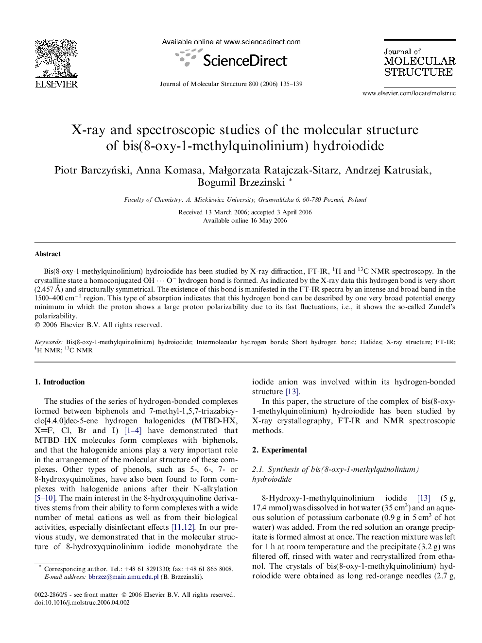 X-ray and spectroscopic studies of the molecular structure of bis(8-oxy-1-methylquinolinium) hydroiodide