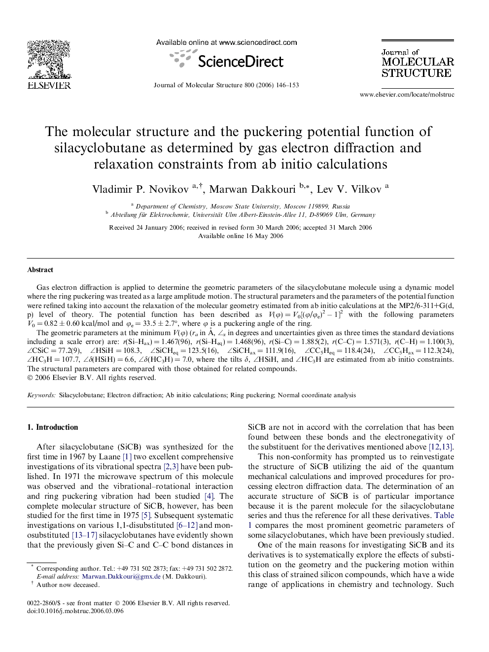 The molecular structure and the puckering potential function of silacyclobutane as determined by gas electron diffraction and relaxation constraints from ab initio calculations