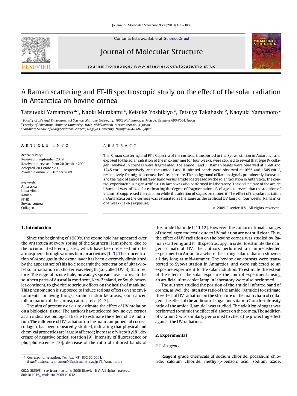 A Raman scattering and FT-IR spectroscopic study on the effect of the solar radiation in Antarctica on bovine cornea