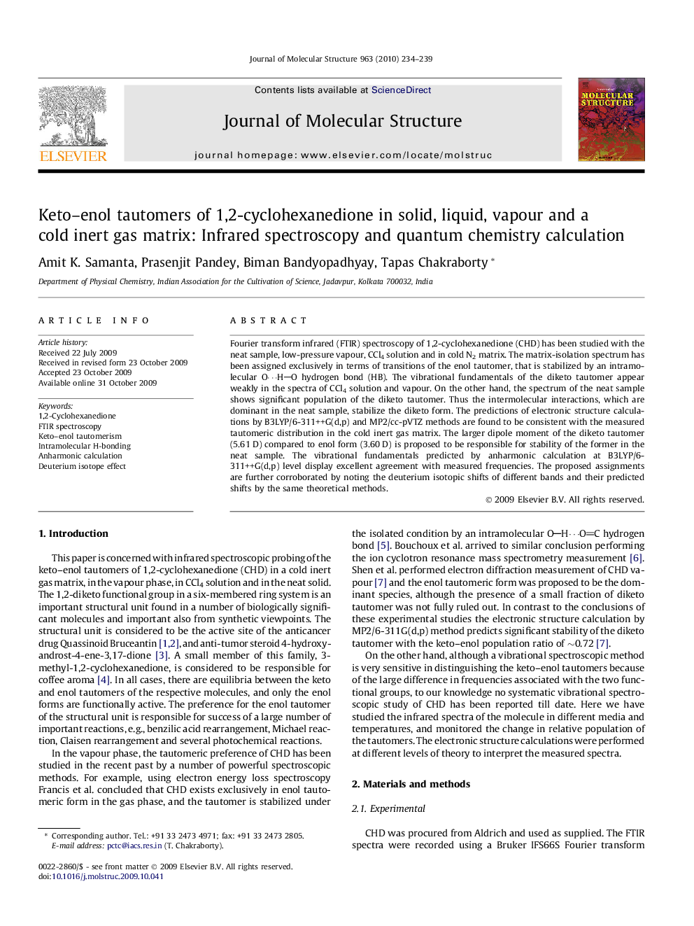 Keto–enol tautomers of 1,2-cyclohexanedione in solid, liquid, vapour and a cold inert gas matrix: Infrared spectroscopy and quantum chemistry calculation