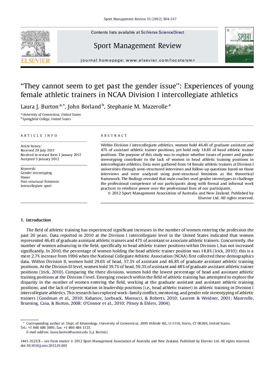 “They cannot seem to get past the gender issue”: Experiences of young female athletic trainers in NCAA Division I intercollegiate athletics