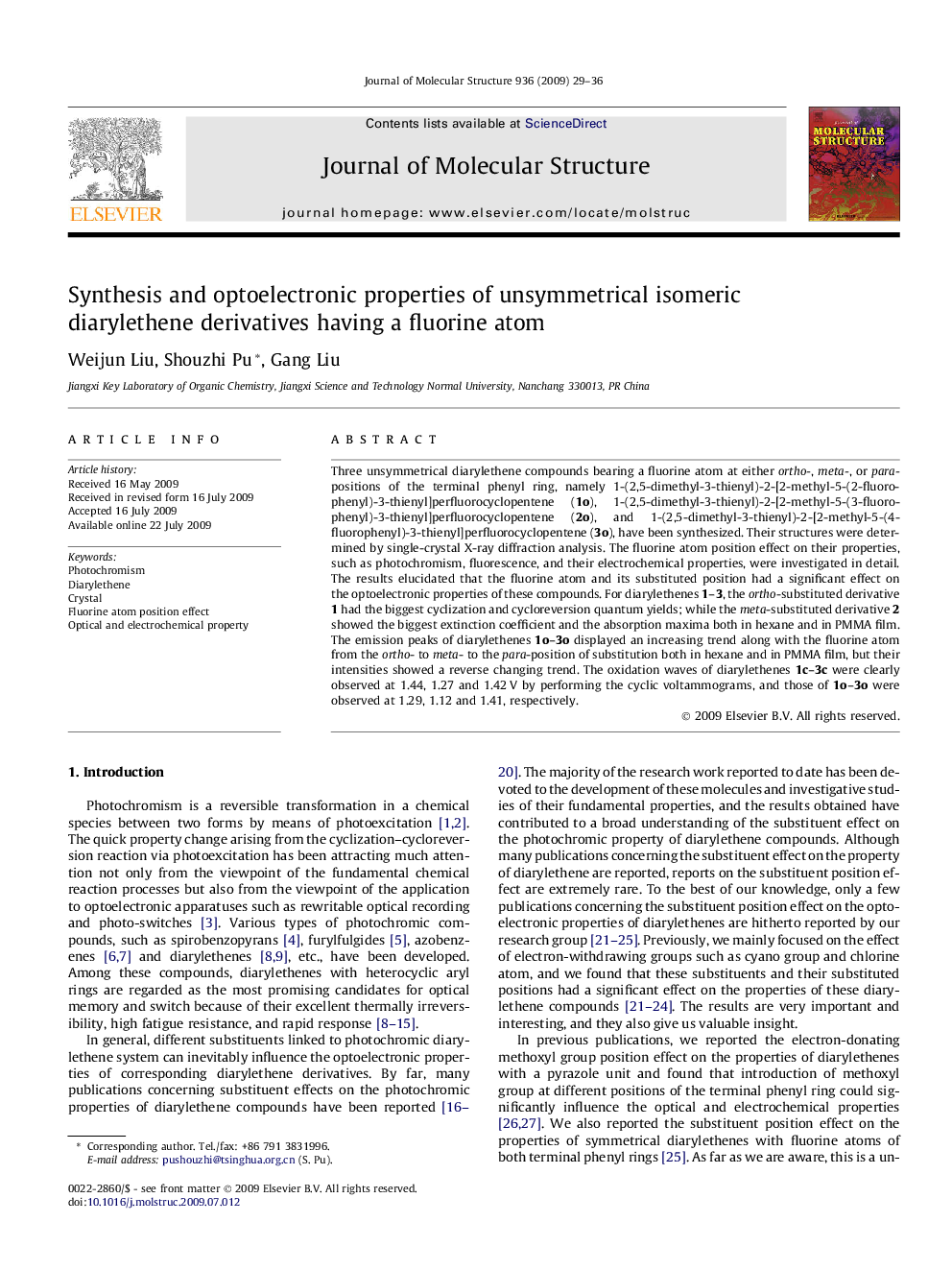 Synthesis and optoelectronic properties of unsymmetrical isomeric diarylethene derivatives having a fluorine atom