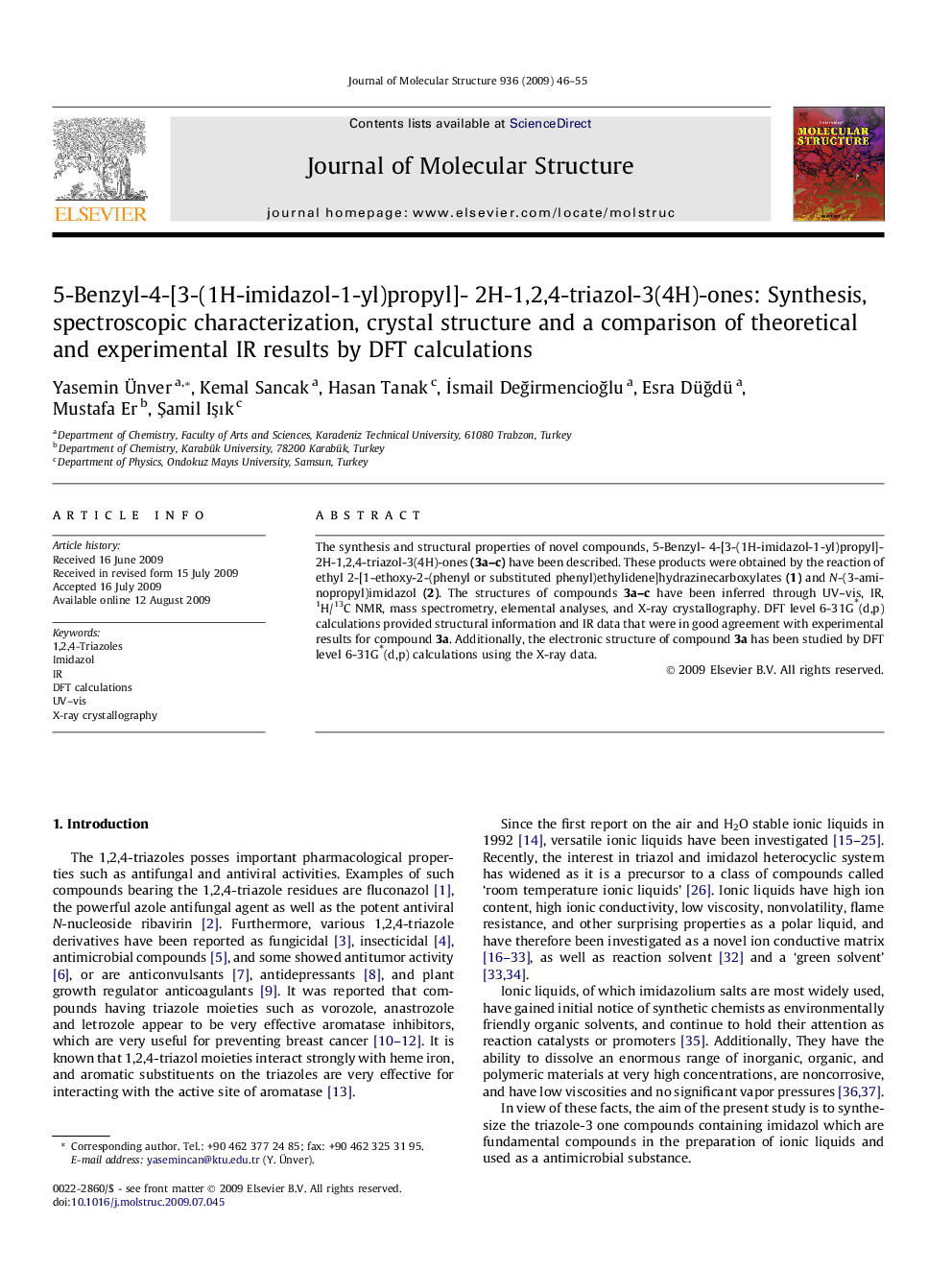 5-Benzyl-4-[3-(1H-imidazol-1-yl)propyl]- 2H-1,2,4-triazol-3(4H)-ones: Synthesis, spectroscopic characterization, crystal structure and a comparison of theoretical and experimental IR results by DFT calculations