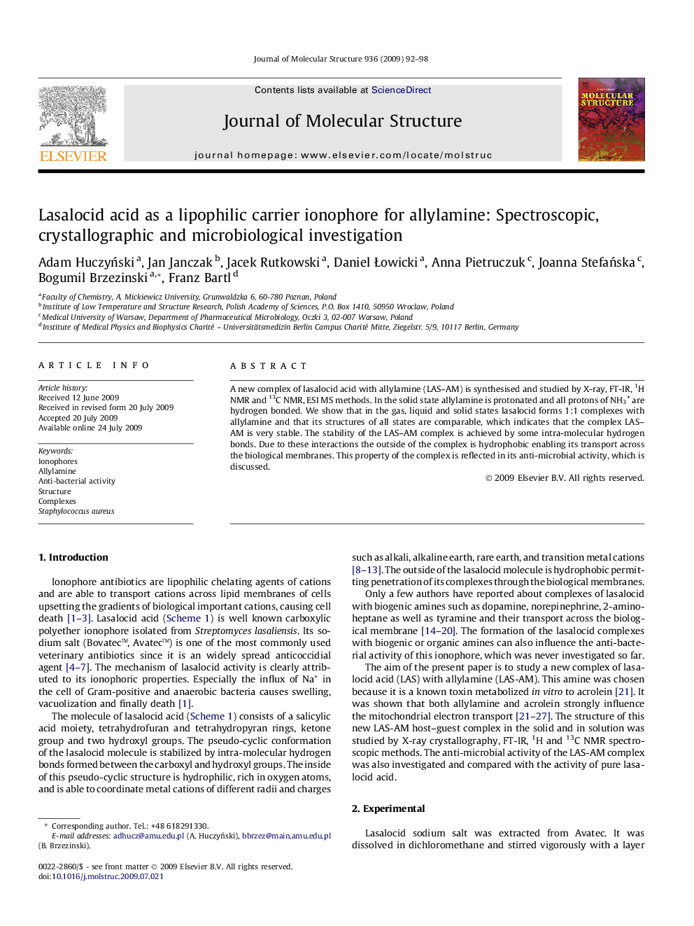 Lasalocid acid as a lipophilic carrier ionophore for allylamine: Spectroscopic, crystallographic and microbiological investigation