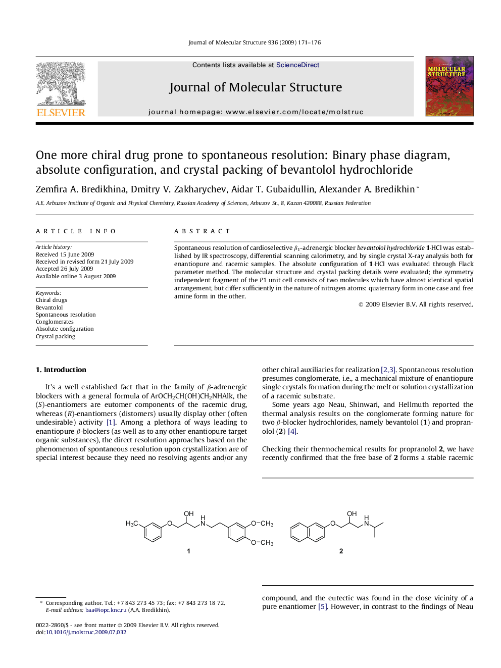 One more chiral drug prone to spontaneous resolution: Binary phase diagram, absolute configuration, and crystal packing of bevantolol hydrochloride