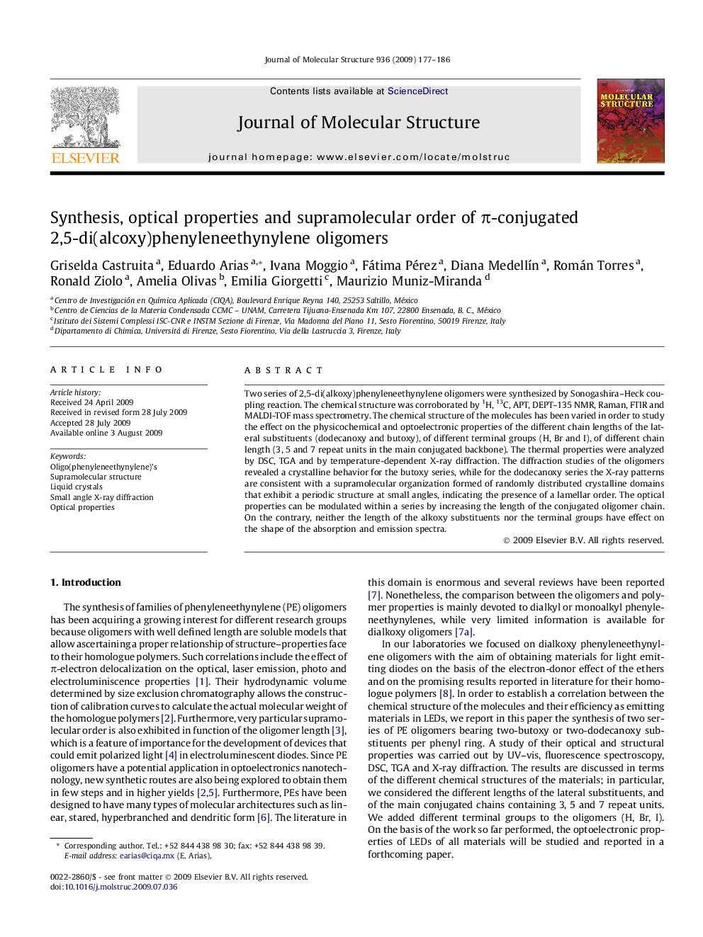 Synthesis, optical properties and supramolecular order of π-conjugated 2,5-di(alcoxy)phenyleneethynylene oligomers