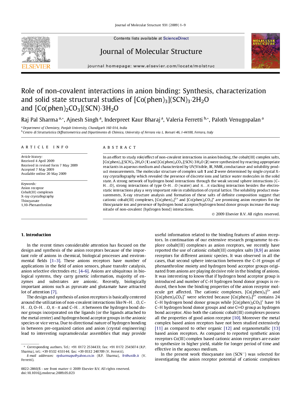 Role of non-covalent interactions in anion binding: Synthesis, characterization and solid state structural studies of [Co(phen)3](SCN)3·2H2O and [Co(phen)2CO3](SCN)·3H2O