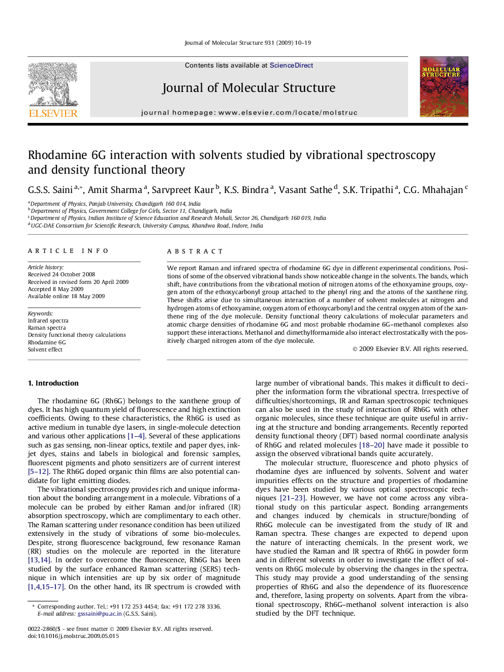 Rhodamine 6G interaction with solvents studied by vibrational spectroscopy and density functional theory