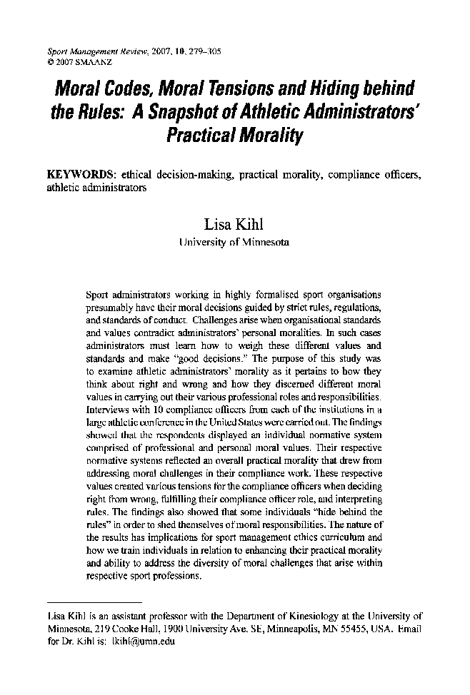 Moral Codes, Moral Tensions and Hiding behind the Rules: A Snapshot of Athletic Administrators’ Practical Morality