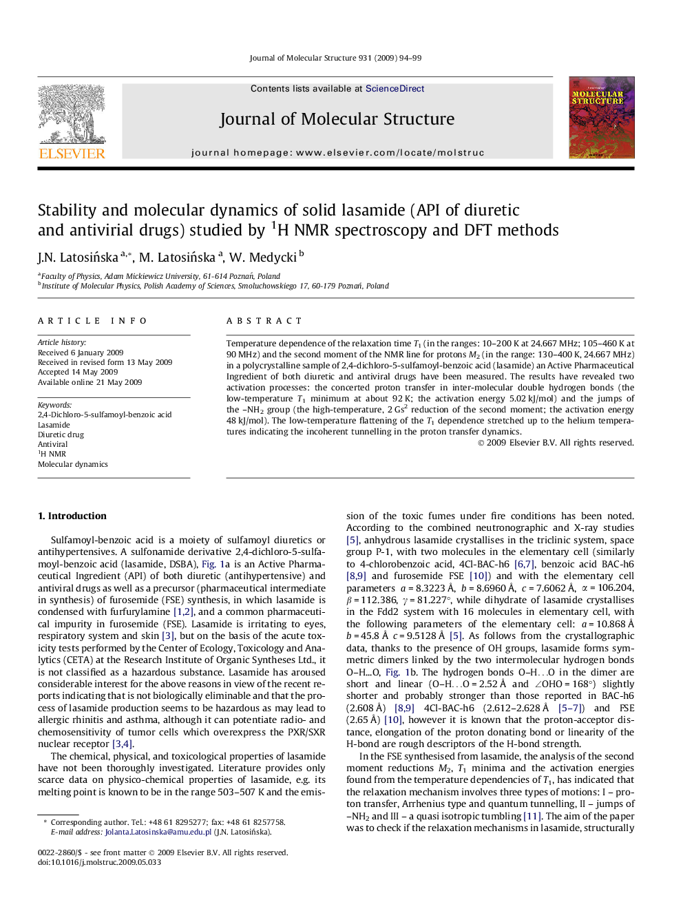 Stability and molecular dynamics of solid lasamide (API of diuretic and antivirial drugs) studied by 1H NMR spectroscopy and DFT methods