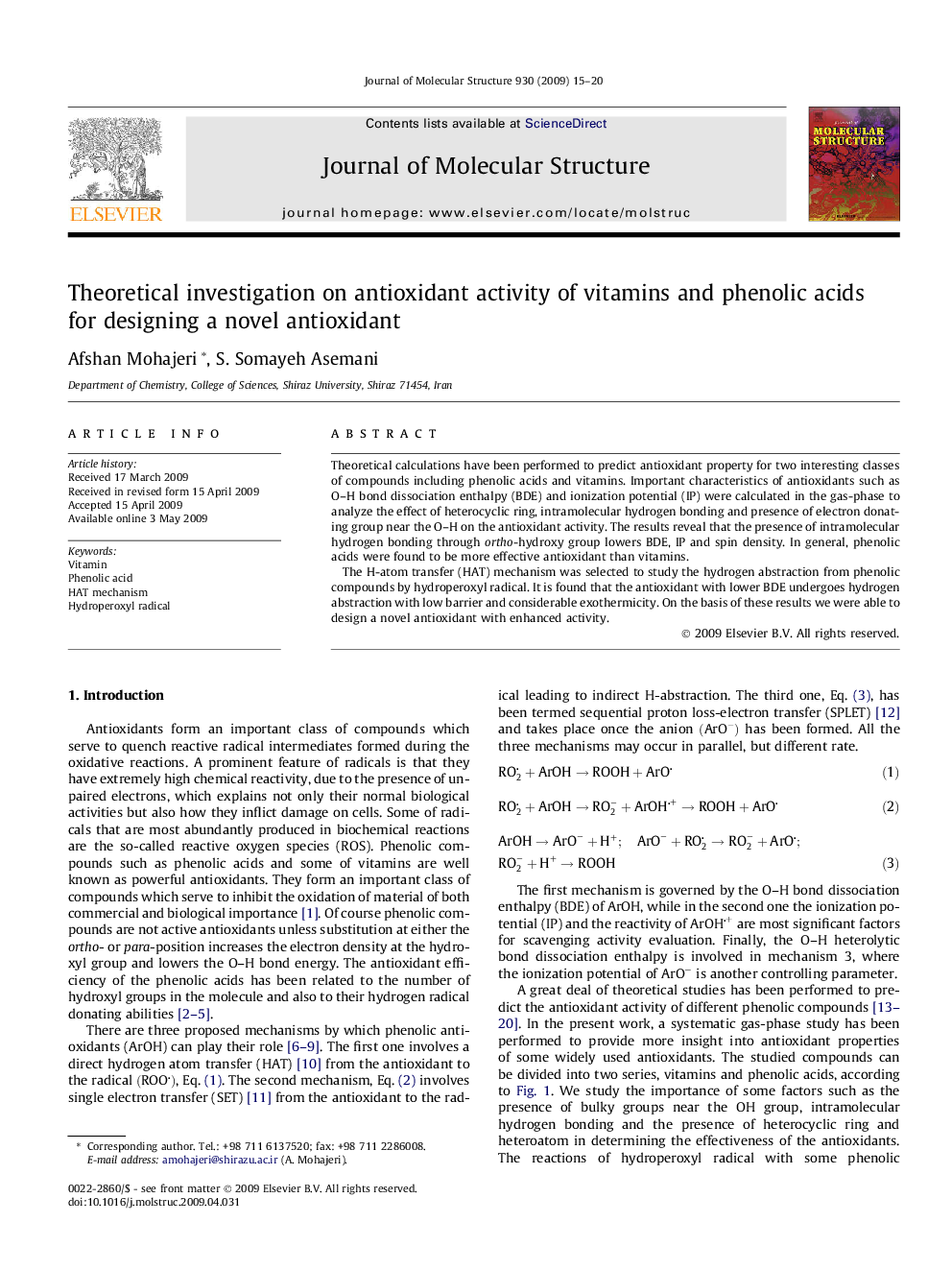 عکس صفحه اول مقاله: Theoretical investigation on antioxidant activity of vitamins and phenolic acids for designing a novel antioxidant Theoretical investigation on antioxidant activity of vitamins and phenolic acids for designing a novel antioxidant