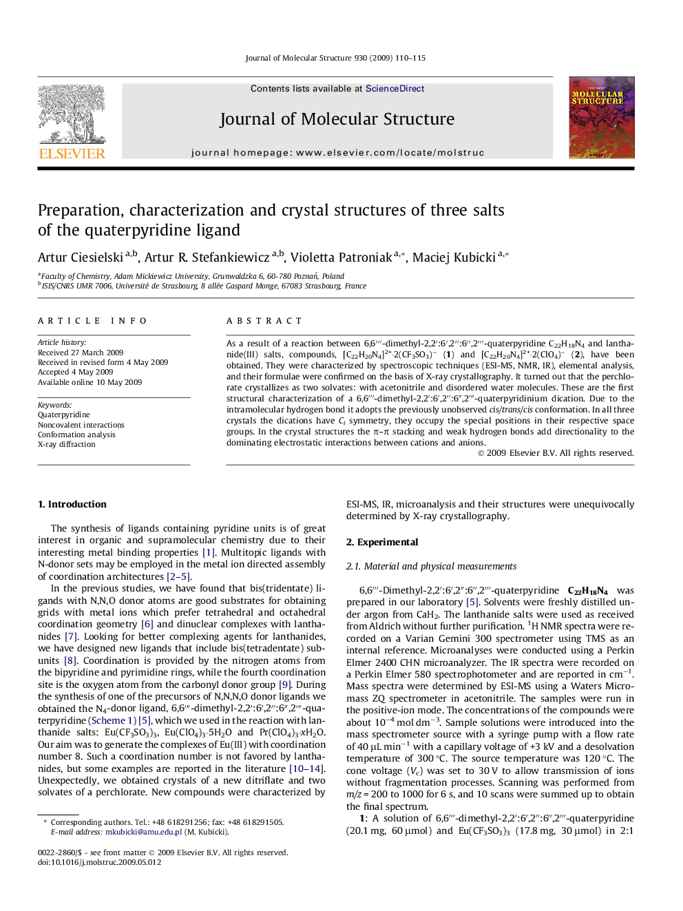 Preparation, characterization and crystal structures of three salts of the quaterpyridine ligand