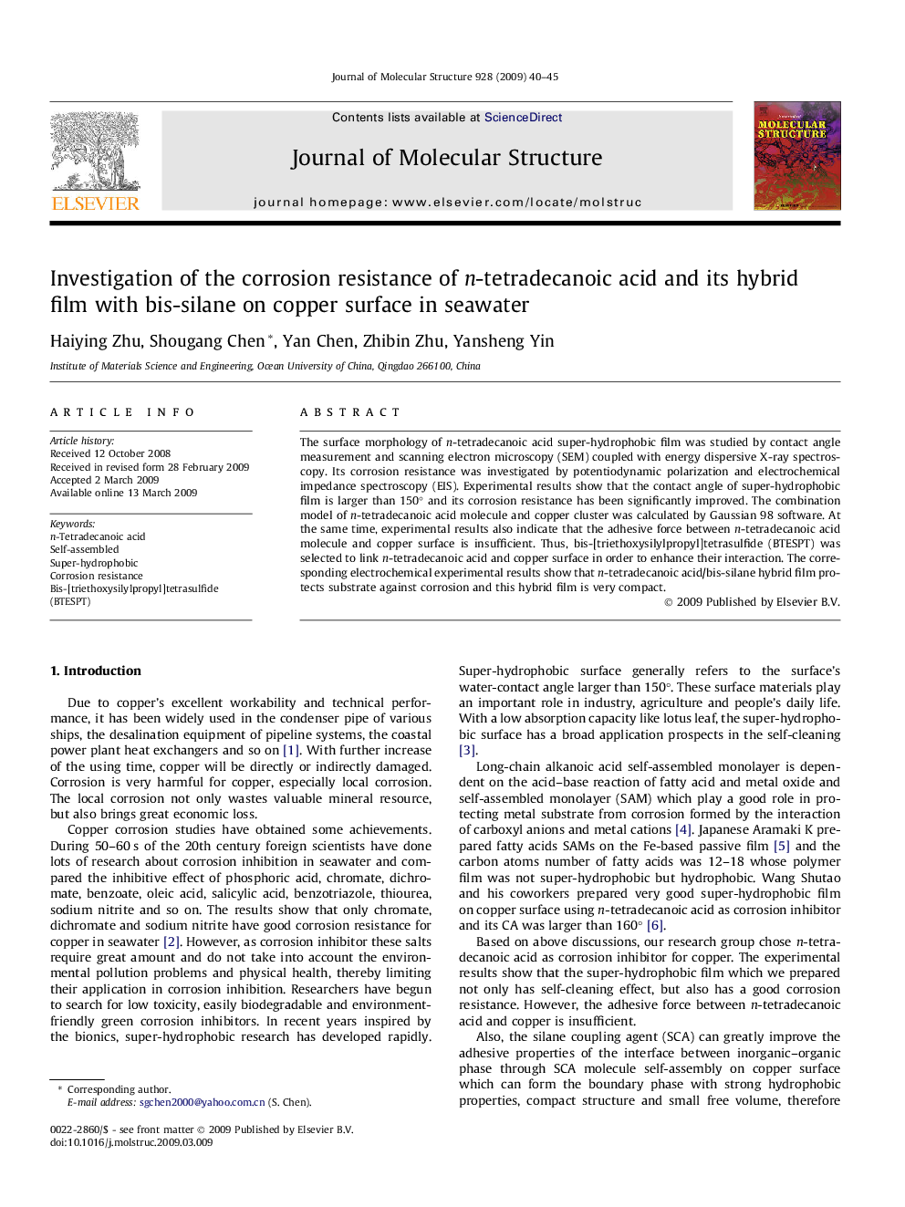 Investigation of the corrosion resistance of n-tetradecanoic acid and its hybrid film with bis-silane on copper surface in seawater