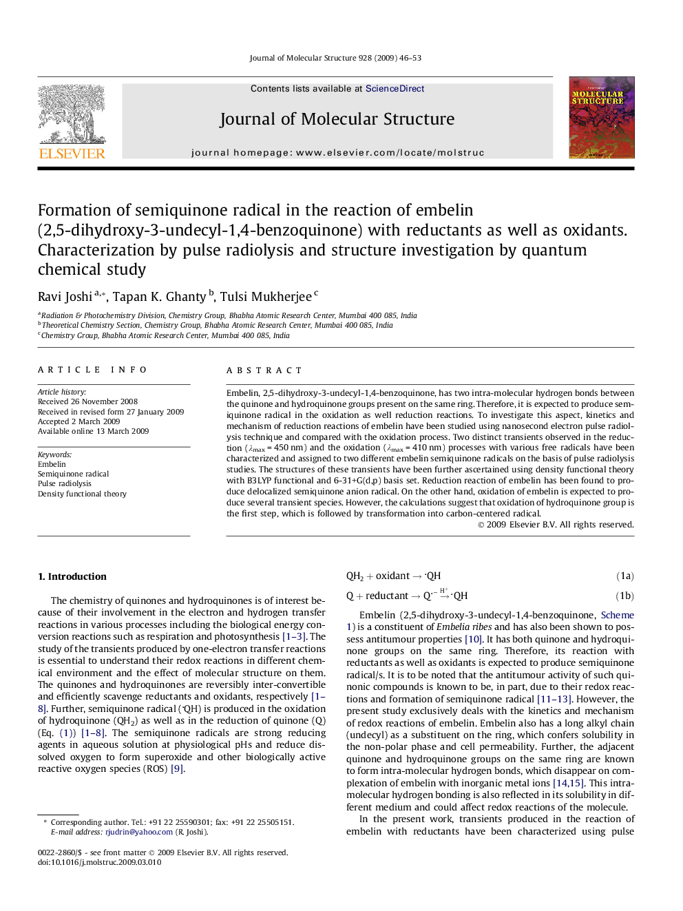 Formation of semiquinone radical in the reaction of embelin (2,5-dihydroxy-3-undecyl-1,4-benzoquinone) with reductants as well as oxidants. Characterization by pulse radiolysis and structure investigation by quantum chemical study