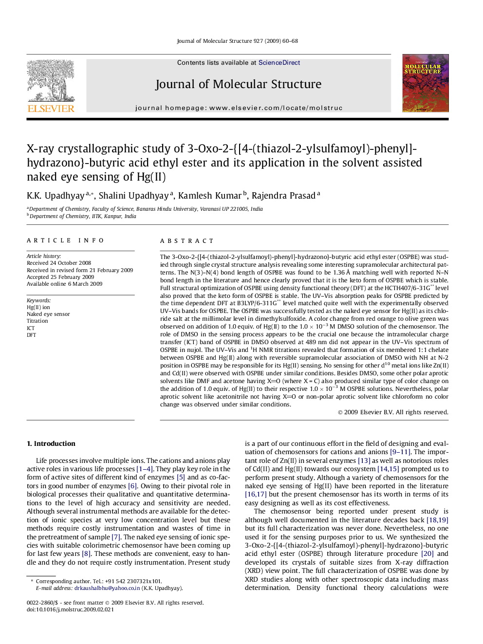 X-ray crystallographic study of 3-Oxo-2-{[4-(thiazol-2-ylsulfamoyl)-phenyl]-hydrazono}-butyric acid ethyl ester and its application in the solvent assisted naked eye sensing of Hg(II)