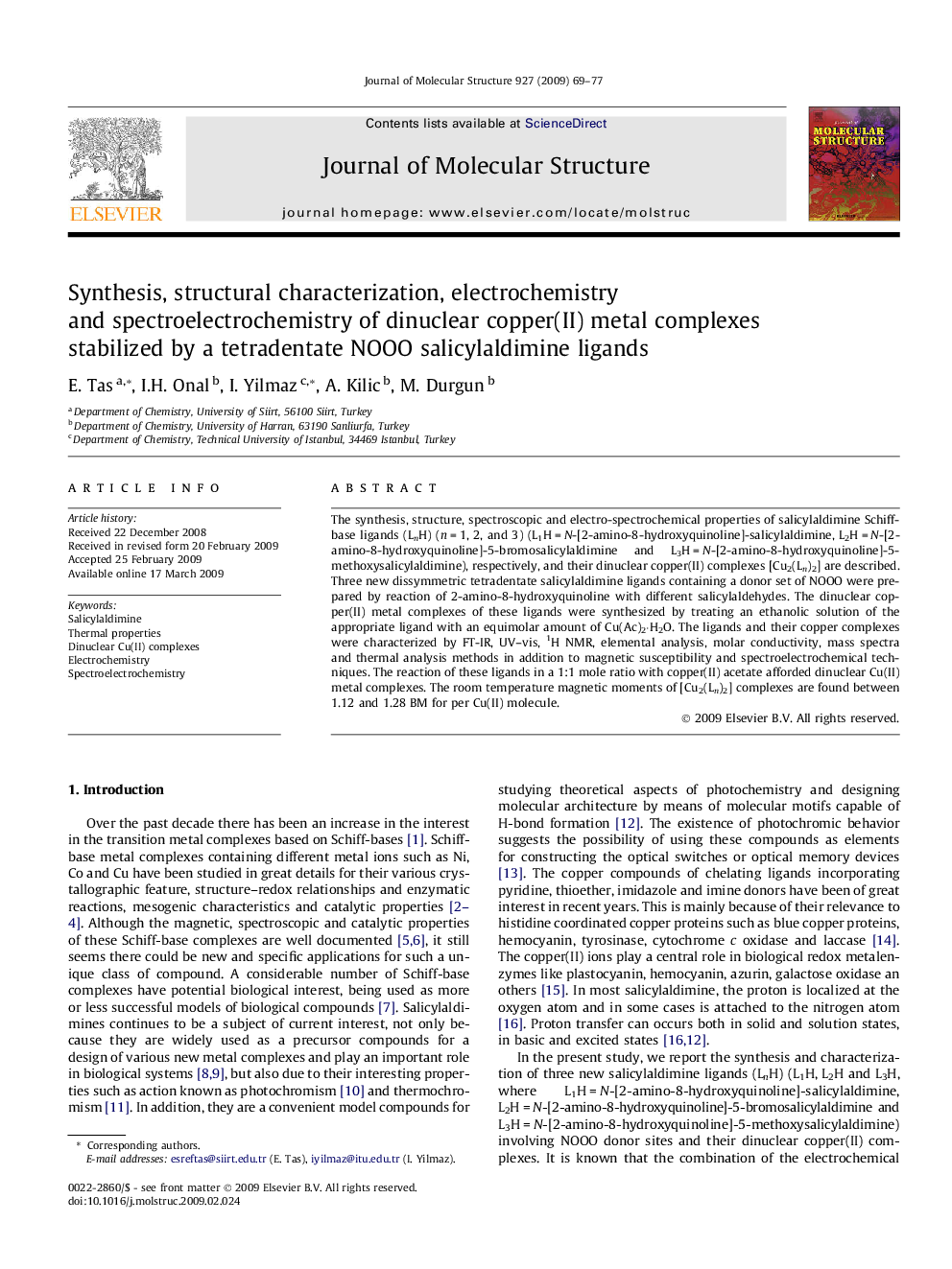 Synthesis, structural characterization, electrochemistry and spectroelectrochemistry of dinuclear copper(II) metal complexes stabilized by a tetradentate NOOO salicylaldimine ligands