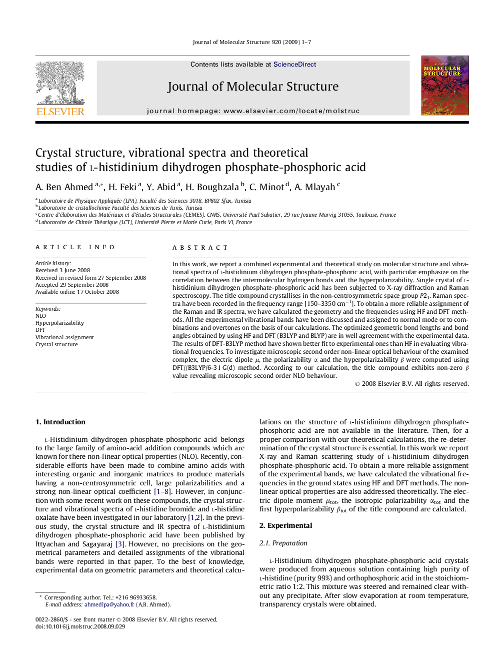 Crystal structure, vibrational spectra and theoretical studies of l-histidinium dihydrogen phosphate-phosphoric acid