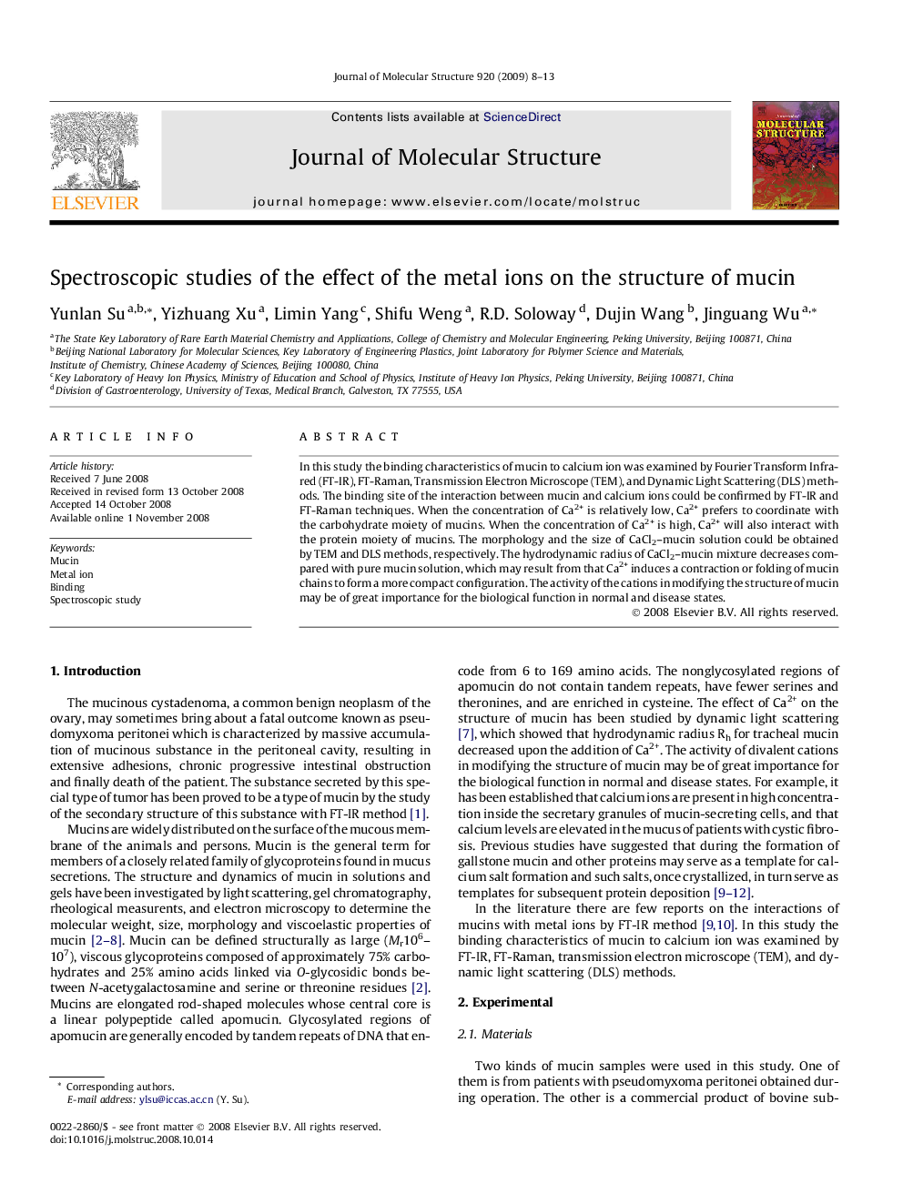 Spectroscopic studies of the effect of the metal ions on the structure of mucin