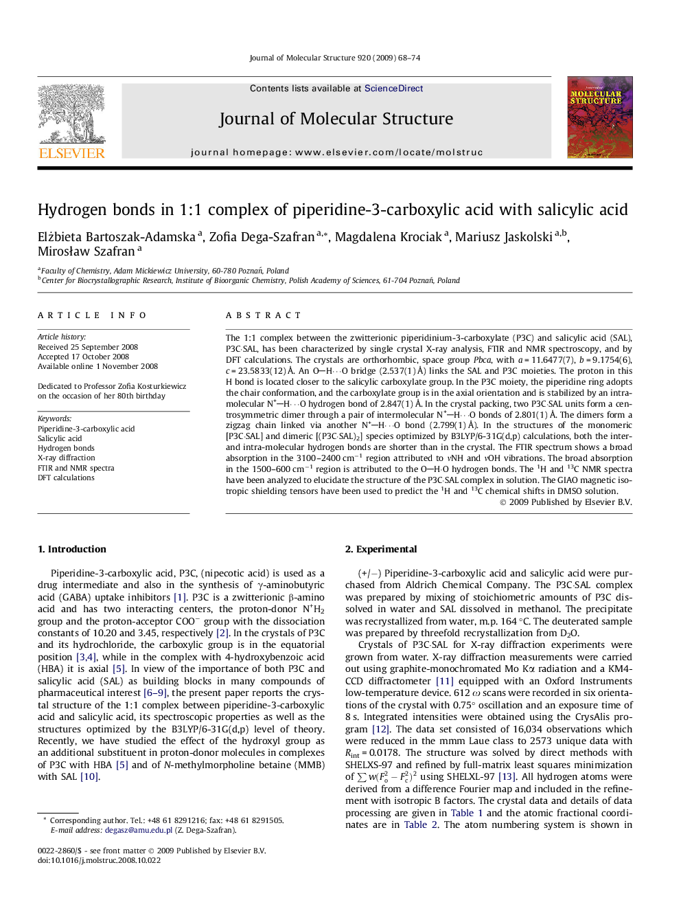 Hydrogen bonds in 1:1 complex of piperidine-3-carboxylic acid with salicylic acid