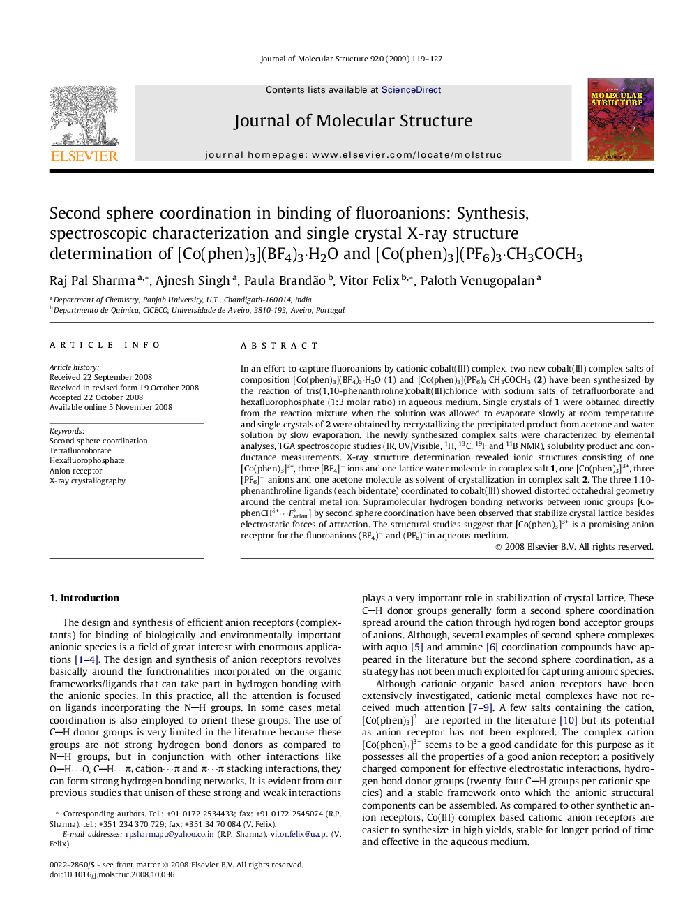 Second sphere coordination in binding of fluoroanions: Synthesis, spectroscopic characterization and single crystal X-ray structure determination of [Co(phen)3](BF4)3·H2O and [Co(phen)3](PF6)3·CH3COCH3