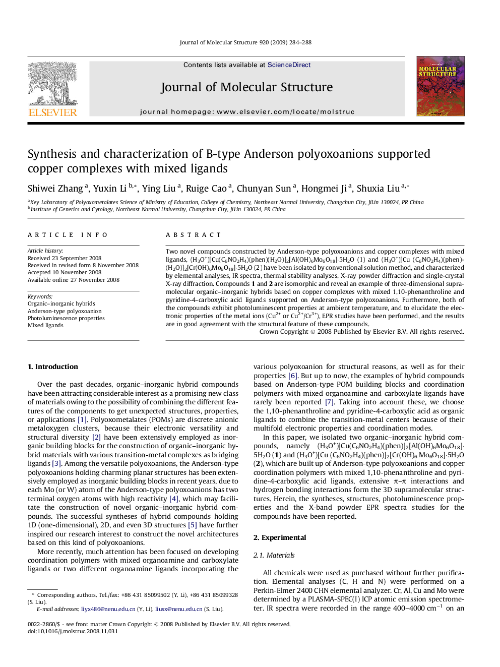 Synthesis and characterization of B-type Anderson polyoxoanions supported copper complexes with mixed ligands