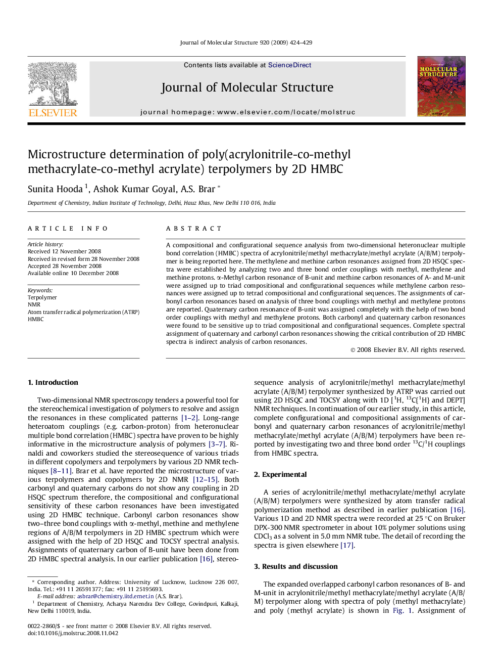 Microstructure determination of poly(acrylonitrile-co-methyl methacrylate-co-methyl acrylate) terpolymers by 2D HMBC