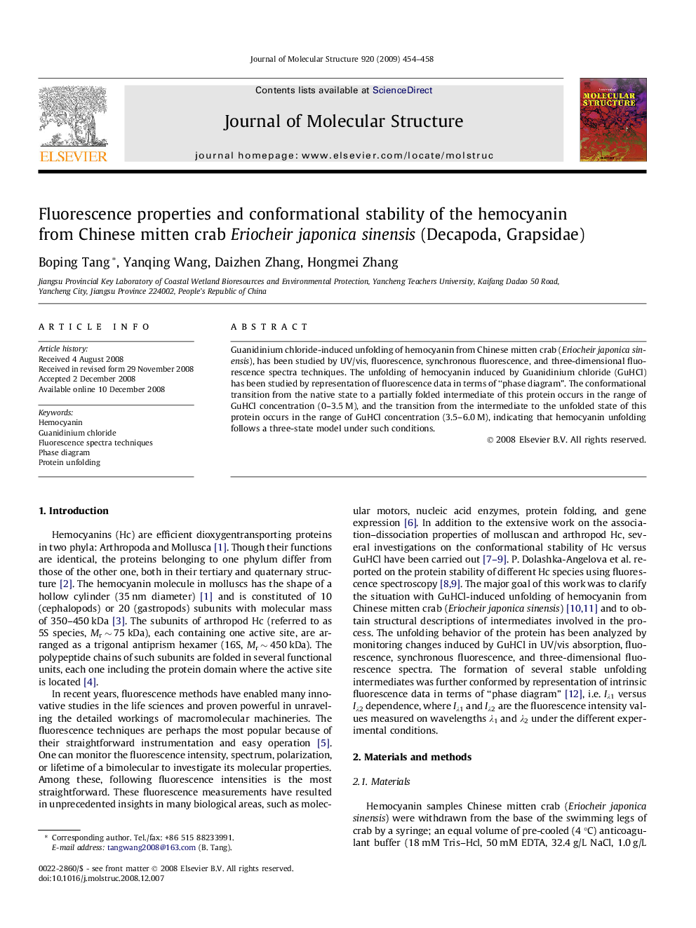 Fluorescence properties and conformational stability of the hemocyanin from Chinese mitten crab Eriocheir japonica sinensis (Decapoda, Grapsidae)