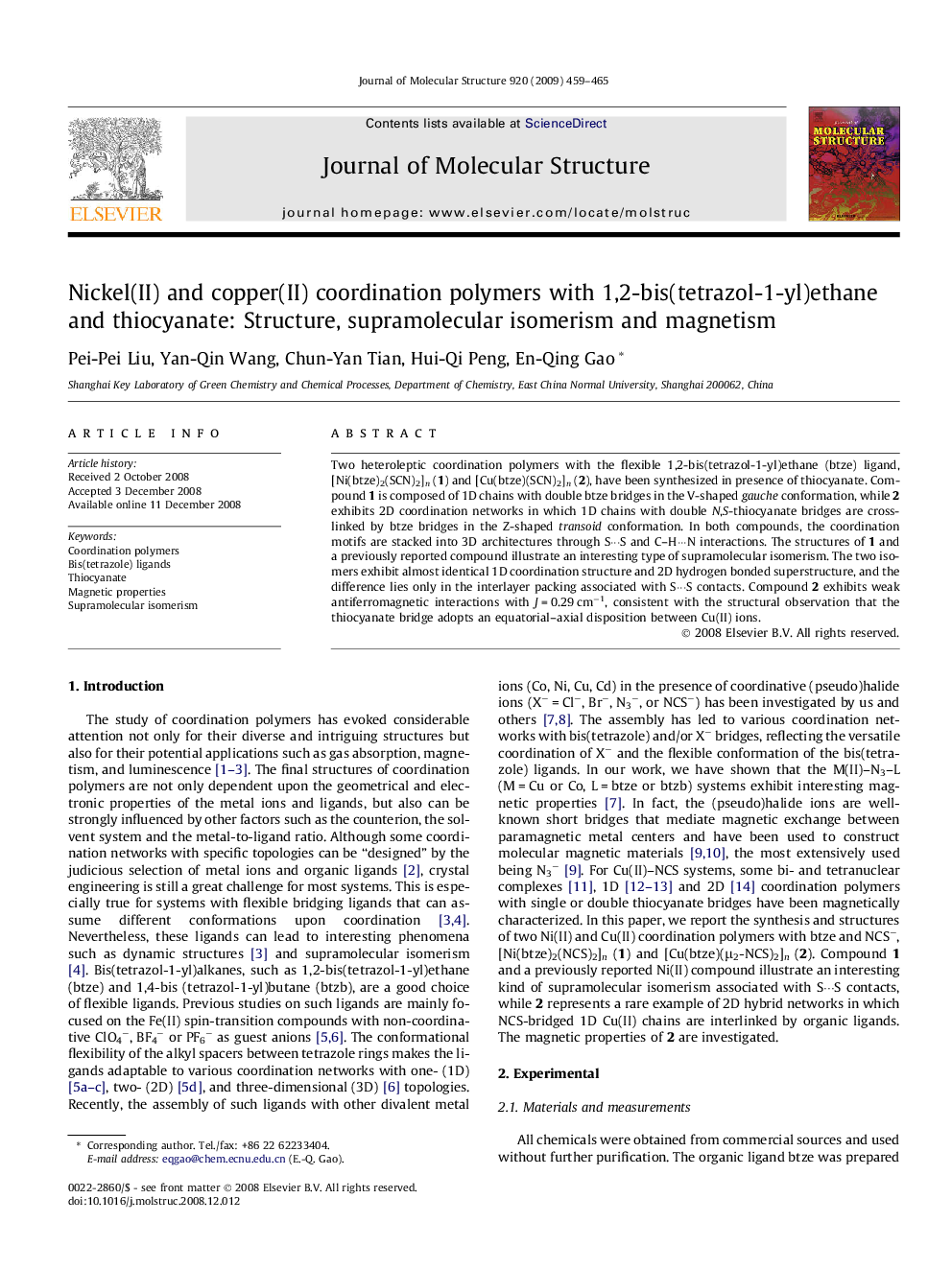 Nickel(II) and copper(II) coordination polymers with 1,2-bis(tetrazol-1-yl)ethane and thiocyanate: Structure, supramolecular isomerism and magnetism