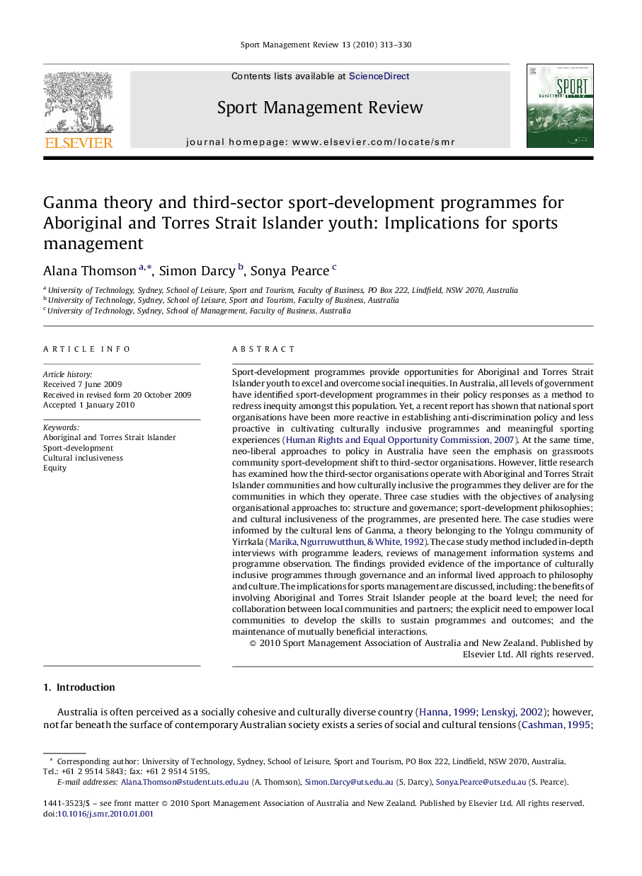 Ganma theory and third-sector sport-development programmes for Aboriginal and Torres Strait Islander youth: Implications for sports management